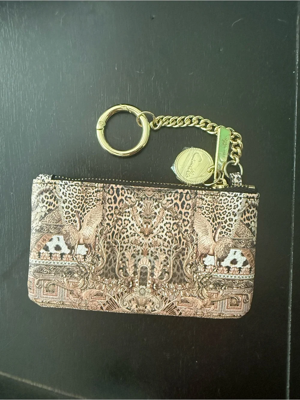 Camilla Gold-Tone Chain Keyring Card Pouch with Leopard Motif